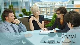  Presentation with young business people - Cool new presentation theme with terrace outdoor talking and working backdrop and a light blue colored foreground