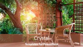  Presentation with villa - Theme consisting of terrace-with-comfortable-wicker-furniture background and a coral colored foreground