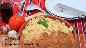  Presentation with tablecloth - PPT theme with terracotta serving bowl with beef stroganoff and pasta bows with plates cutlery and ingredients on a bright tablecloth background and a coral colored foreground