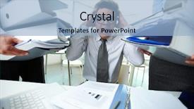  Presentation with piles - Presentation enhanced with terrified accountant touching his head being surrounded by huge piles of documents and screaming background and a light blue colored foreground