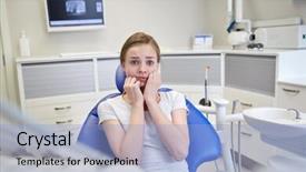 Presentation with dental office - Presentation theme with terrified patient girl at dental background and a light blue colored foreground