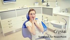  Presentation with dental office - Presentation design having terrified patient girl at dental background and a lemonade colored foreground