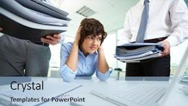  Presentation with secretary - Presentation having terrified secretary touching her head while looking at big heaps of papers background and a light blue colored foreground