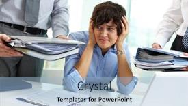  Presentation with secretary - Presentation theme enhanced with terrified secretary touching her head while looking at big heaps of papers background and a light blue colored foreground