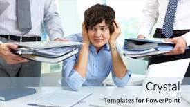  Presentation with secretary - Audience pleasing presentation theme consisting of terrified secretary touching her head while looking at big heaps of papers backdrop and a light blue colored foreground