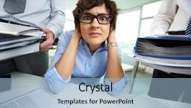  Presentation with secretary - Presentation with terrified secretary touching her head while looking at camera surrounded by big heaps of papers background and a light blue colored foreground