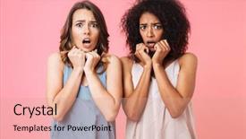  Presentation with german shepherd two young puppys - Beautiful PPT theme featuring terrifying - two scared young girls dressed backdrop and a coral colored foreground