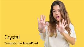  Presentation with panic - Audience pleasing presentation design consisting of terrifying - young beautiful brunette business woman backdrop and a yellow colored foreground