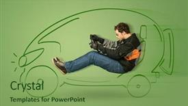  Presentation with electric car - PPT theme featuring tesla - man drives an eco friendy background and a seafoam green colored foreground