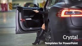  Presentation with open door - Beautiful slides featuring tesla - rear view of modern car backdrop and a dark gray colored foreground