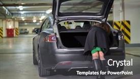  Presentation with car parking - Amazing theme having tesla - young woman rummages in trunk backdrop and a dark gray colored foreground