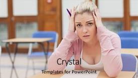  Presentation with exam - PPT theme featuring test anxiety - woman looking worried over exam background and a coral colored foreground