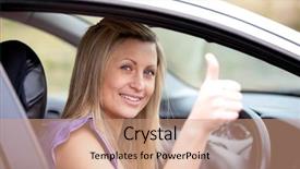  Presentation with driver - Presentation theme with test new - smiling female driver with thumb background and a coral colored foreground