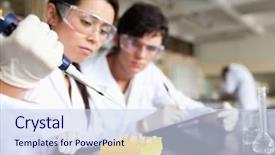  Presentation with animal testing scientist doing experiment - Theme consisting of test report - two serious scientists making background and a sky blue colored foreground