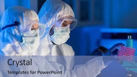  Presentation with laboratory chemical - Presentation theme featuring test sample plate in chemical background and a teal colored foreground