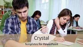  Presentation with diverse elementary students in classroom - Presentation theme featuring test taking - group of students takes background and a coral colored foreground