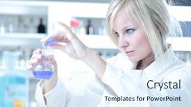  Presentation with covid 19 researcher - Cool new theme with retorts - closeup of a female researcher backdrop and a sky blue colored foreground