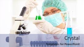  Presentation with test tube laboratory - Slide deck consisting of retorts - closeup of a female researcher background and a  colored foreground