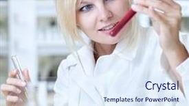  Presentation with medical physics - Theme with physics medical sciences - closeup of a female researcher background and a sky blue colored foreground