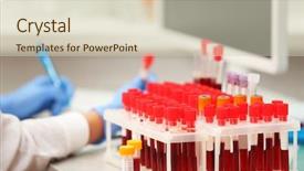  Presentation with laboratory blood test tubes - Beautiful PPT layouts featuring test tubes filled with blood backdrop and a soft green colored foreground