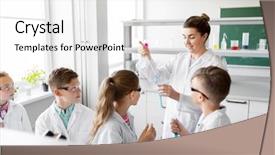  Presentation with children education - Colorful slides enhanced with test tubes studying chemistry backdrop and a white colored foreground