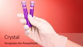  Presentation with fluid - PPT theme enhanced with test tubes with fluid in hand on red background background and a coral colored foreground