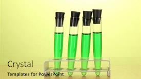  Presentation with test tubes - Cool new PPT layouts with test-tubes-with-green-liquid backdrop and a yellow colored foreground