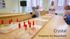  Presentation with solutions - Beautiful slide deck featuring test tubes with solutions backdrop and a coral colored foreground