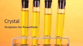  Presentation with tubes - PPT layouts enhanced with test-tubes with yellow liquid on wooden table on yellow background background and a yellow colored foreground