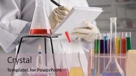  Presentation with laboratory equipment - Colorful theme enhanced with tested fire - scientist making notes in laboratory backdrop and a light gray colored foreground