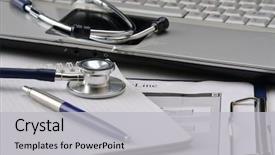  Presentation with workplace - PPT theme having diagnostic testing - doctor's workplace background and a light gray colored foreground