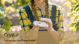  Presentation with testing - Cool new PPT theme with hands of farmer woman holding hop umbels for testing and quality assurance backdrop and a coral colored foreground