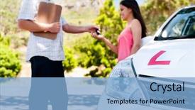  Presentation with driver - Audience pleasing PPT theme consisting of testing car - learner driver girl with instructor backdrop and a light blue colored foreground