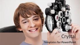  Presentation with big boy - Theme having testing machine - smiling boy holding phoropter while background and a coral colored foreground