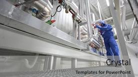  Presentation with testing - Cool new presentation theme with testing machine - technician in blue uniform controlling backdrop and a light gray colored foreground