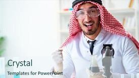  Presentation with animal testing scientist doing experiment - Colorful slide deck enhanced with testing quality of oil petrol backdrop and a sky blue colored foreground