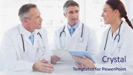  Presentation with tetanos - Beautiful slide set featuring tetanos - doctors using a tablet together backdrop and a sky blue colored foreground