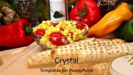  Presentation with hot sauce - Beautiful PPT theme featuring tex mex - stack of chicken taquitos backdrop and a yellow colored foreground