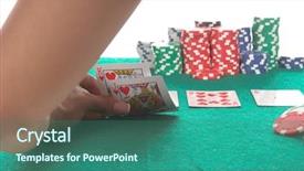  Presentation with reveal - Beautiful presentation theme featuring texas hold 'um poker player peels back her cards to reveal a suited king and jack of hearts that could potentially lead to a hearts royal flush generic no label card backs from china backdrop and a ocean colored foreground