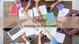  Presentation with team discussion marketing - Slide set featuring text analytics - young team working with marketing background and a coral colored foreground