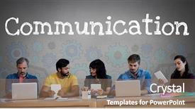  Presentation with communication - Slide set having text and group of people background and a coral colored foreground