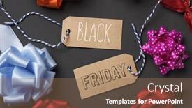  Presentation with labels - Cool new PPT theme with text black friday in two brown paper labels and some satin ribbon bows of different colors on a dark gray background backdrop and a coral colored foreground