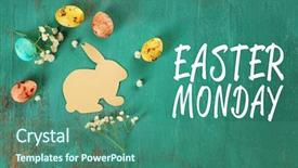  Presentation with eggs egg carton egg box - Presentation enhanced with text easter monday and colorful background and a ocean colored foreground