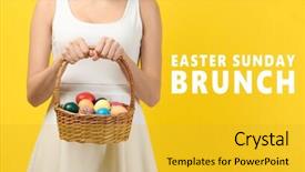  Presentation with easter basket - Presentation theme featuring text easter sunday brunch and woman holding basket with colorful eggs on yellow background background and a gold colored foreground