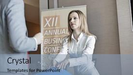  Presentation with receptionist - Slides with text features - receptionist giving file to businessman background and a light blue colored foreground