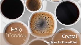  Presentation with hello kitty cartoon - Presentation theme enhanced with text hello monday and cups background and a coral colored foreground