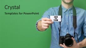  Presentation with labor - PPT theme featuring labor hire - photographer holding business card background and a seafoam green colored foreground