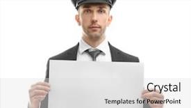  Presentation with airport boarding board - Amazing PPT theme having text limousine - young chauffeur holding white board backdrop and a  colored foreground