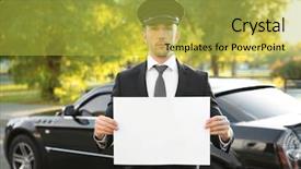  Presentation with luxury car - Amazing theme having text limousine - young chauffeur standing with white backdrop and a  colored foreground