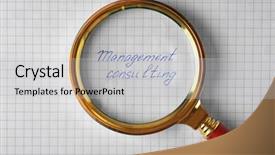  Presentation with management - Beautiful presentation featuring text management consulting under magnifier on paper sheet background backdrop and a light gray colored foreground